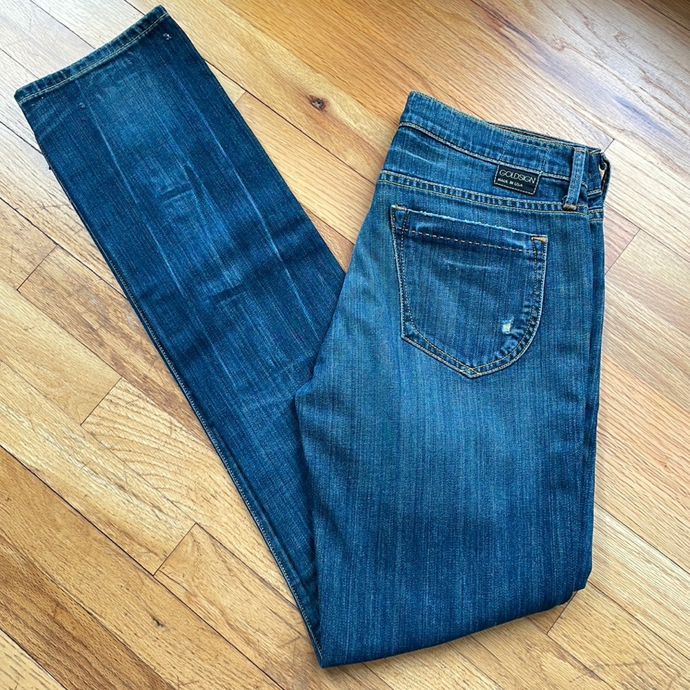 Goldsign Distressed Low Rise Straight ENVY Jeans, Mid-wash, S 27